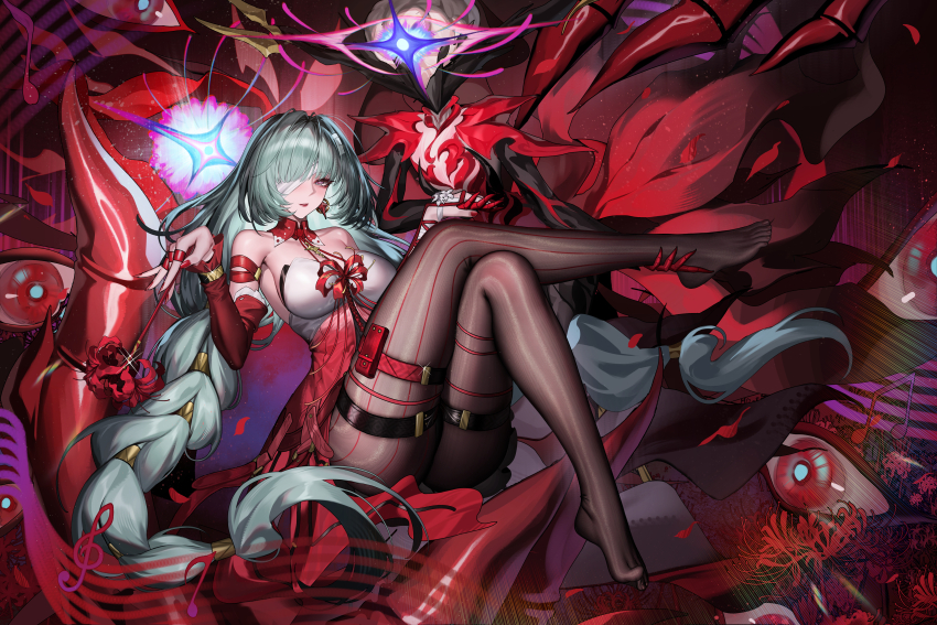 1girl, absurdres, alternate_breast_size_(larger), bandage_over_one_eye, bare_shoulders, black_pantyhose, blush, braid