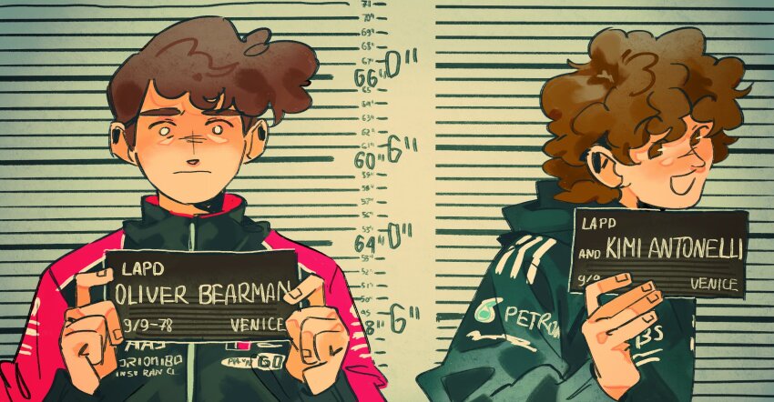 2boys, :d, andrea_kimi_antonelli, barbie_mugshot_(meme), black_jacket, blank_eyes, brown_eyes, brown_hair