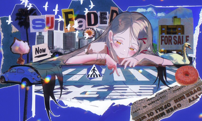 1girl, absurdres, axleaki, bird, black_hair, blush, building, car