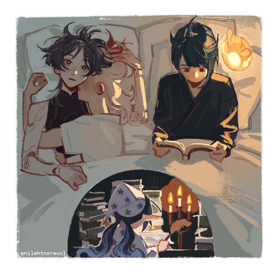 1girl, 3boys, artist_name, asymmetrical_bangs, back, black_hair, black_kimono, black_shirt, blanket, blue_hair, blunt_ends, book, book_stack, border, bright_pupils, brown_eyes, candelabra, candlestand, closed_mouth, doll_joints, elf, enilehtnorevol, eyeliner, from_above, genshin_impact, gradient_hair, hair_ornament, hand_on_another's_head, hat, head_on_another's_shoulder, holding, holding_quill, hug, japanese_clothes, joints, kaedehara_kazuha, kimono, layla_(genshin_impact), looking_at_viewer, low_twintails, lying, makeup, mandarin_collar, multicolored_hair, multiple_boys, multiple_views, night, on_back, on_bed, pajamas, parted_bangs, parted_lips, pillow, pointy_ears, purple_eyes, quill, reading, red_eyeliner, red_streaks, scaramouche_(genshin_impact), seelie_(genshin_impact), shirt, short_hair, sidelighting, single_hair_streak, sleeveless, sleeveless_shirt, star_(symbol), star_hair_ornament, star_print, t-shirt, twintails, under_covers, wanderer_(genshin_impact), white_border, white_hair, white_pajamas, white_pupils, white_shirt, wizard_hat, wolf_cut, writing, xingqiu_(genshin_impact), yaoi