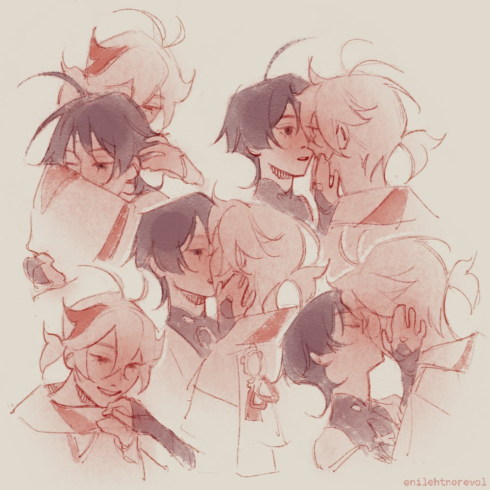 2boys, antenna_hair, artist_name, back, black_bridal_gauntlets, black_eyes, black_hair, black_shirt