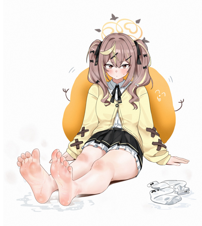1girl, absurdres, barefoot, blue_archive, blush, brown_eyes, brown_hair, feet