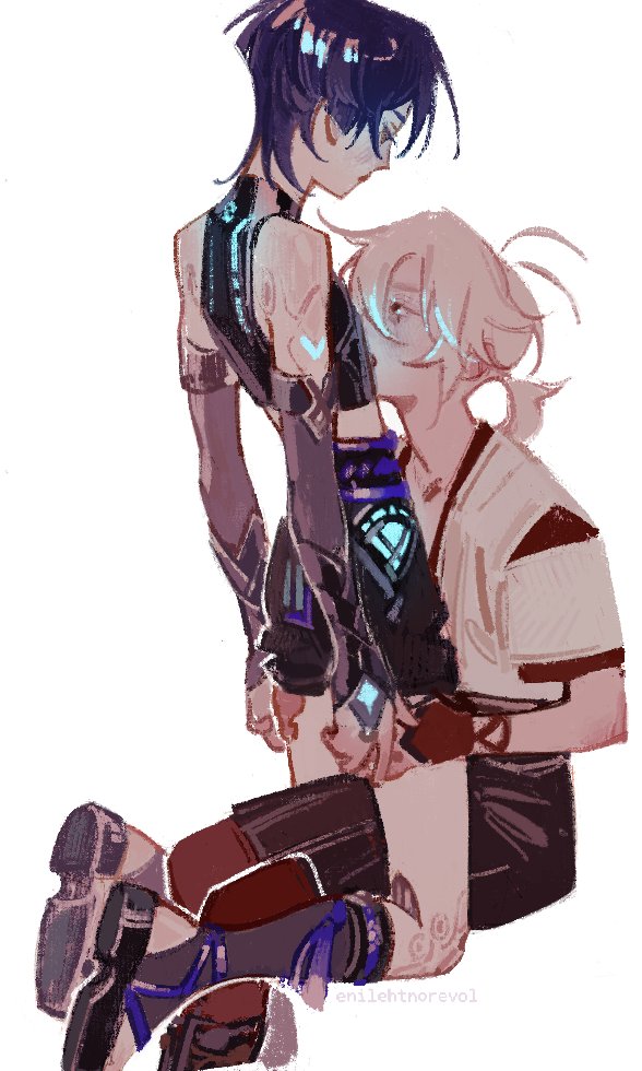 2boys, antenna_hair, arm_markings, artist_name, black_bridal_gauntlets, black_gloves, black_hair, black_shirt