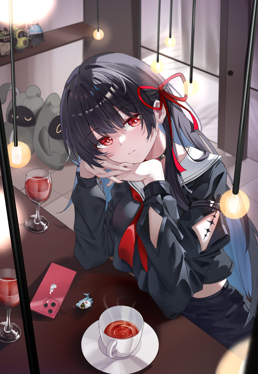 1girl, absurdres, arm_cutout, avocaboo_(zenless_zone_zero), bangboo_(zenless_zone_zero), black_choker, black_hair, black_serafuku, black_shirt, black_skirt, breasts, cellphone, cellphone_charm, charm_(object), chisa_(wuthering_waves), choker, closed_mouth, clothing_cutout, commentary, crossover, cup, drinking_glass, exploreboo_(zenless_zone_zero), hair_ribbon, highres, indoors, light_blush, long_hair, looking_at_viewer, lu_lu_mao, medium_breasts, phone, plugboo_(zenless_zone_zero), red_eyes, red_ribbon, ribbon, sailor_collar, school_uniform, serafuku, sharkboo_(zenless_zone_zero), shirt, skirt, smartphone, smile, solo, tacet_mark_(wuthering_waves), teacup, white_sailor_collar, wuthering_waves, zenless_zone_zero