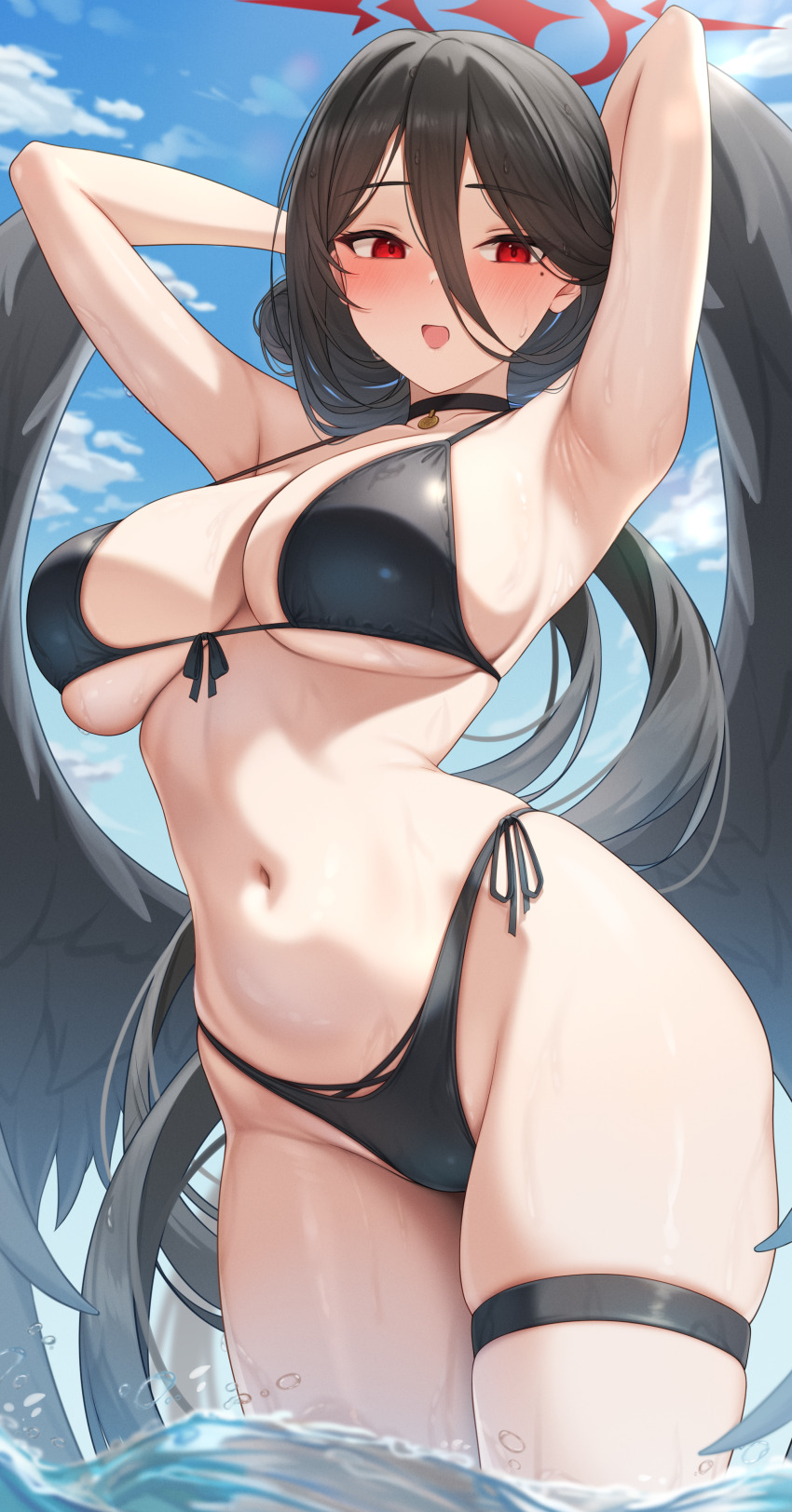1girl, :d, absurdres, arms_up, bikini, black_bikini, black_choker, black_hair