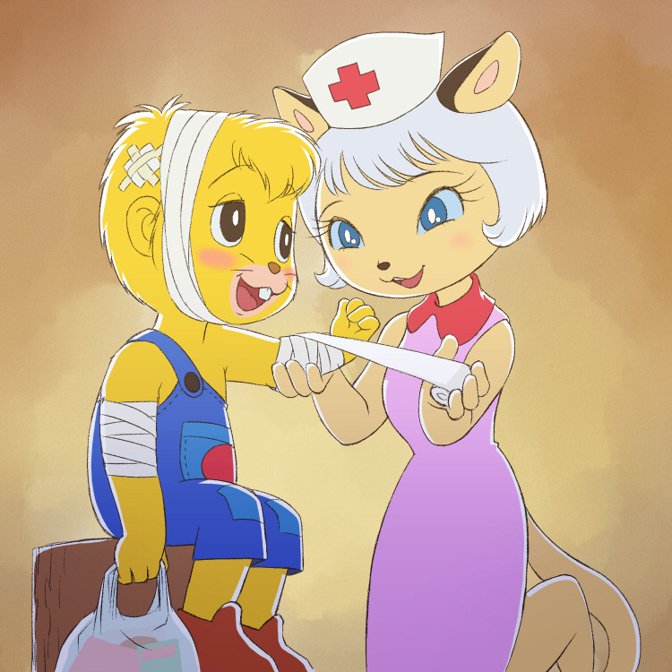 1boy, 1girl, :3, animal, animal_ears, applying_bandages, bag, bandaged_arm, bandaged_head, bandages, beaver, beaver_boy, blue_eyes, blue_overalls, blush, brown_eyes, brown_fur, brown_shoes, buck_teeth, cat, cat_ears, cat_girl, cat_tail, cross, cross_print, crossed_bandaids, denim, denim_overalls, don_chuck, don_chuck_monogatari, dress, furry, grace_(don_chuck), hat, holding, holding_bag, nurse, nurse_cap, open_mouth, orange_fur, orange_hair, overalls, pink_dress, print_headwear, red_cross, shoes, short_hair, sleeveless, sleeveless_dress, smile, standing, standing_on_one_leg, tail, teeth, whiskers, white_hair, yamanokonza
