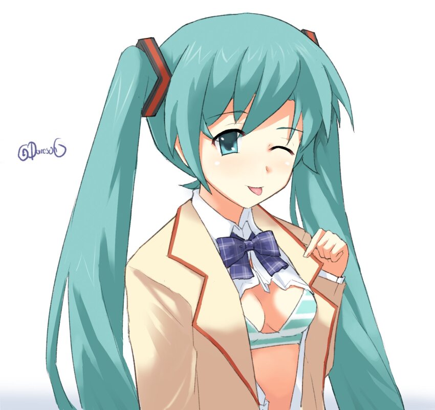 1girl, aqua_hair, blazer, blue_hair, blush, bra, brown_jacket, chaos;head