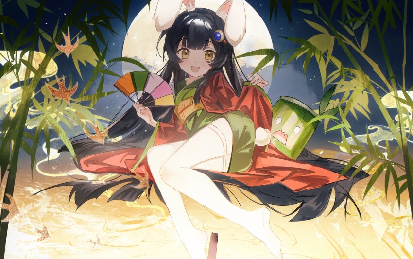 1girl, :d, absurdres, animal_ear_fluff, animal_ears, axleaki, bamboo, black_hair