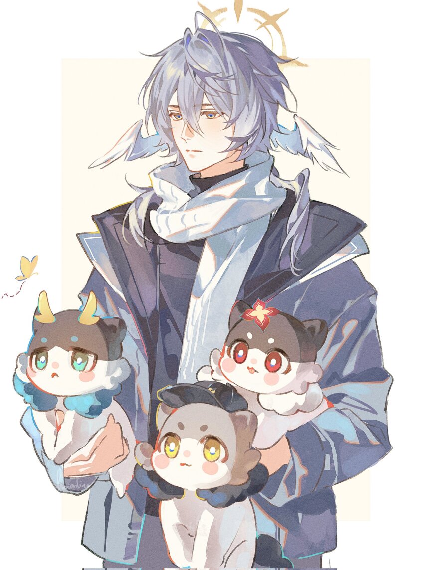 1boy, animal, animalization, black_shirt, blue_eyes, blue_hair, bug, butterfly