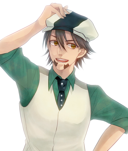 10s, 1boy, bad_id, bad_pixiv_id, brown_eyes, brown_hair, newsboy_cap, facial_hair