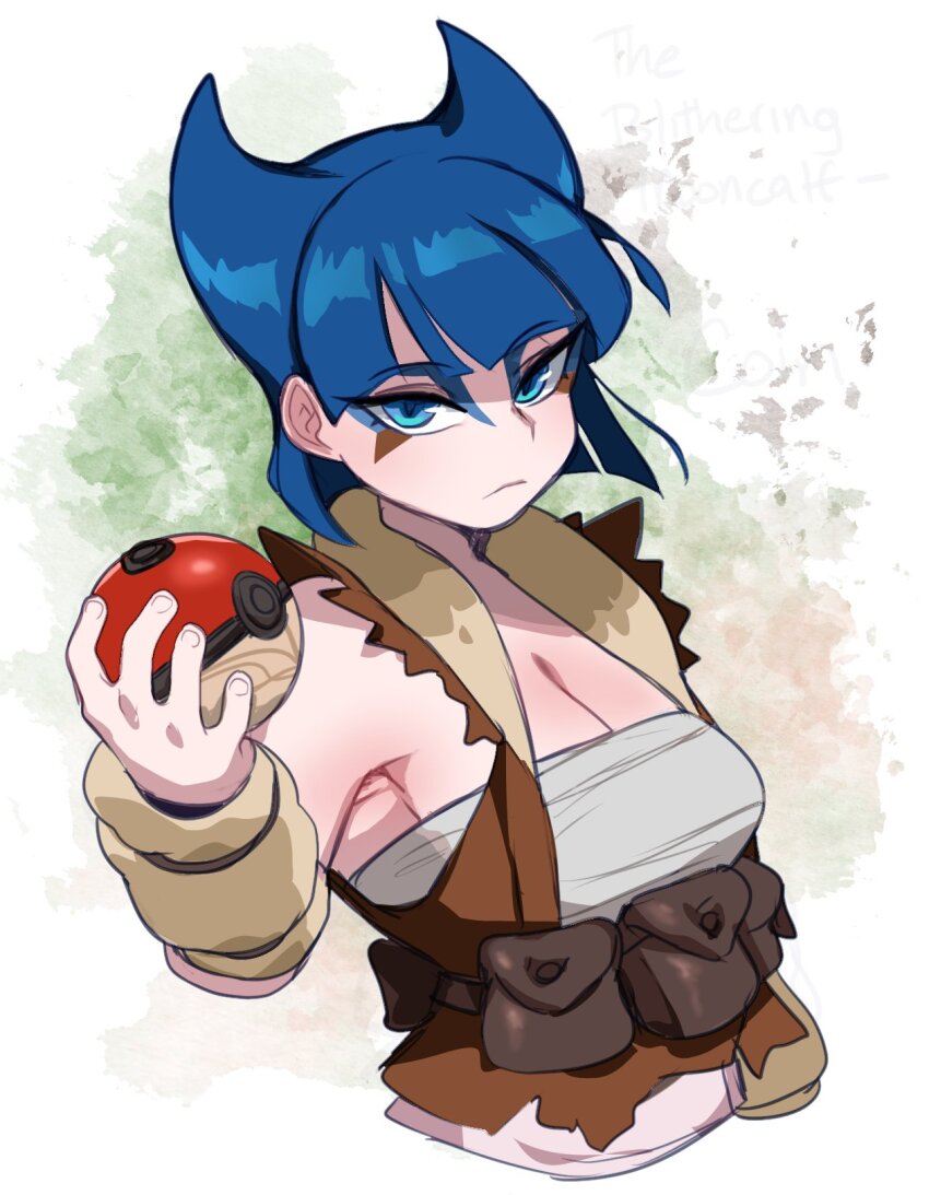 0lightsource, 1girl, arm_warmers, armpits, belt_pouch, blue_eyes, blue_hair, blunt_bangs