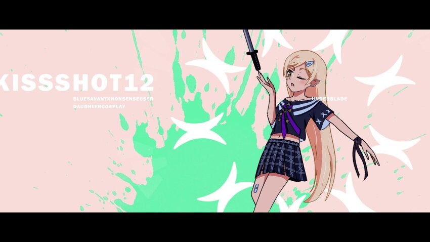 balancing_on_finger, bandaid, bandaid_on_knee, bandaid_on_leg, black_border, black_ribbon, black_skirt, blonde_hair