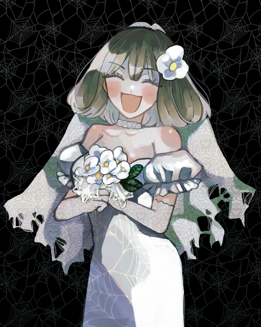 1girl, 47music2, animification, bridal_veil, brown_hair, clarice_(disney), dress, flower