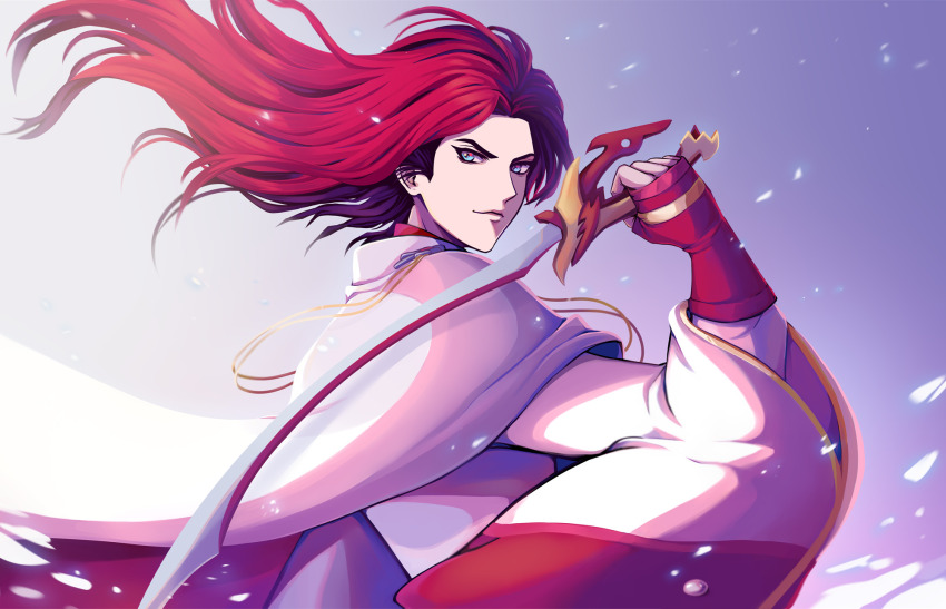 1boy, blue_eyes, character_request, closed_mouth, floating_hair, highres, holding, holding_sword