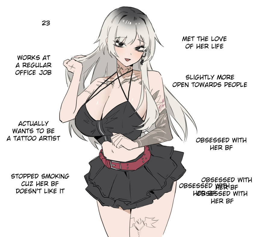 1girl, absurdres, arm_tattoo, black_eyes, black_skirt, breasts, character_age, chest_tattoo