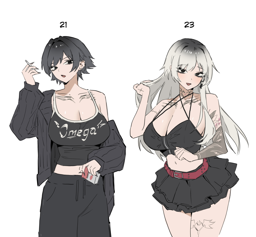 1girl, absurdres, age_comparison, arm_tattoo, bare_shoulders, before_and_after, black_eyes, black_hair