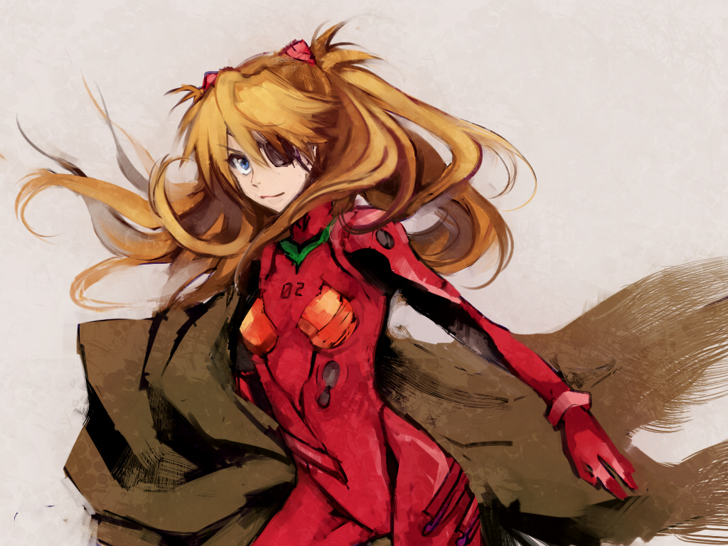 10s, 1girl, blue_eyes, bracer, brown_hair, evangelion:_3.0_you_can_(not)_redo, eyepatch, female_focus, from_side, grey_background, hair_between_eyes, legs_apart, long_hair, mecha_pilot_suit, neon_genesis_evangelion, off_shoulder, parted_bangs, plugsuit_(evangelion), rebuild_of_evangelion, shiba_roken, simple_background, solo, souryuu_asuka_langley, standing, tsuneaki_(dosnan), two_side_up, v-shaped_eyebrows