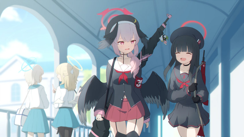 4girls, aged_up, arius_student_(blue_archive), assault_rifle, beret, black_hair, black_pantyhose, black_sailor_collar