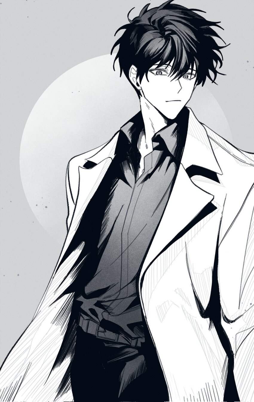 1boy, :|, black_eyes, black_hair, black_shirt, closed_mouth, coat, collared_shirt