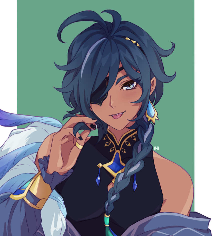 1boy, bare_shoulders, blue_eyes, blue_hair, braid, dark-skinned_male, dark_skin, earrings