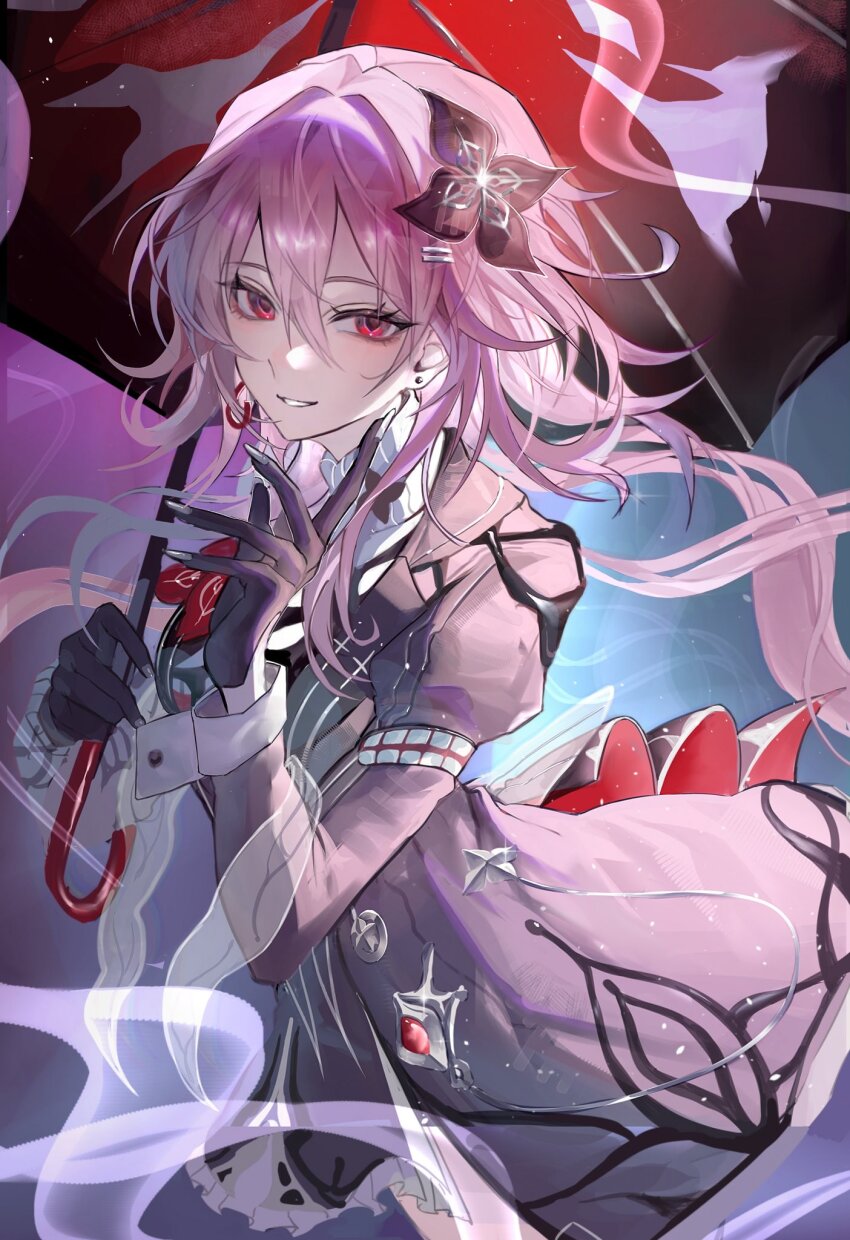 1girl, dress, earrings, evernight_(honkai:_star_rail), flower, gem, gloves, hair_between_eyes