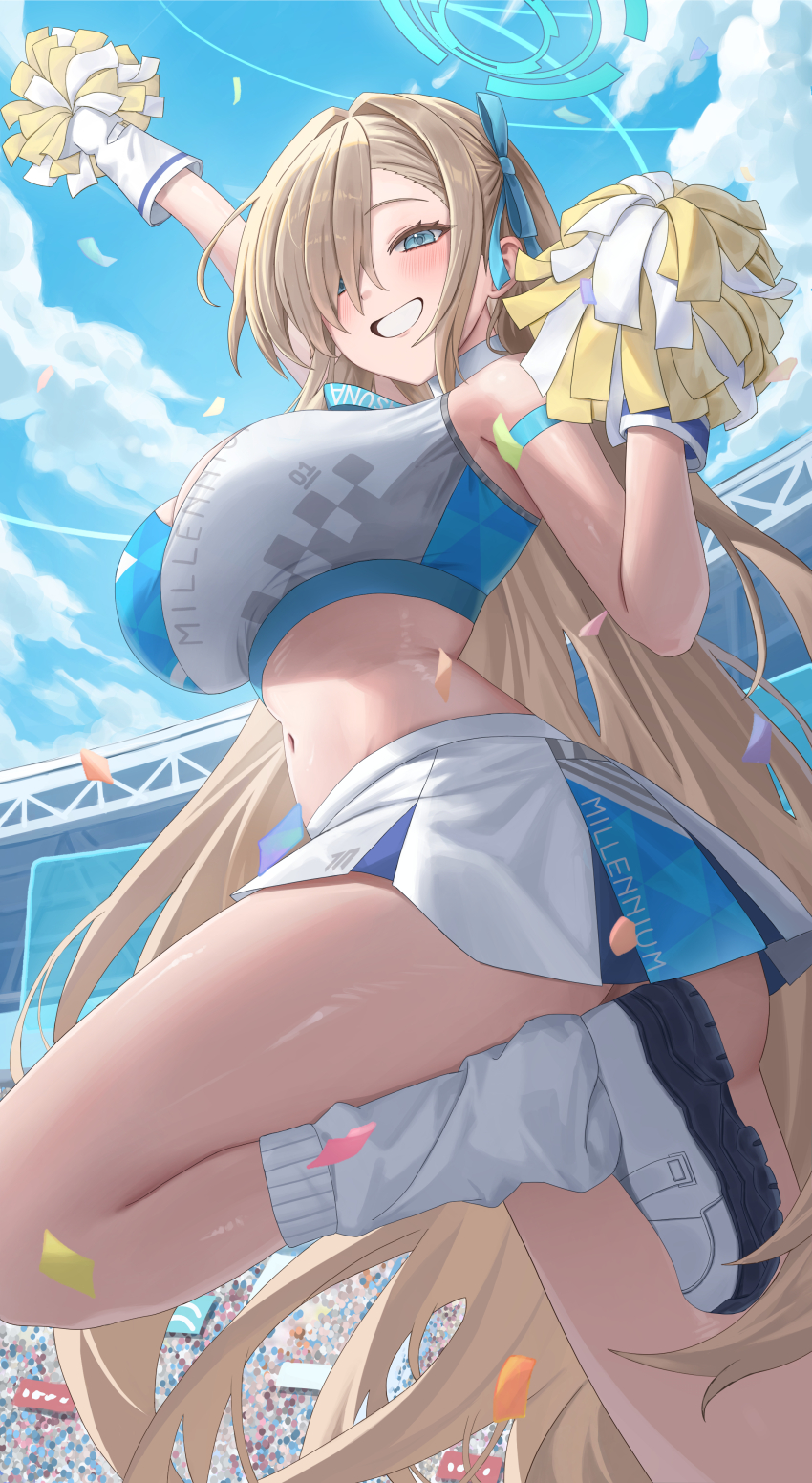 1girl, absurdres, asuna_(blue_archive), blonde_hair, blue_archive, blue_eyes, blue_halo, blue_sky