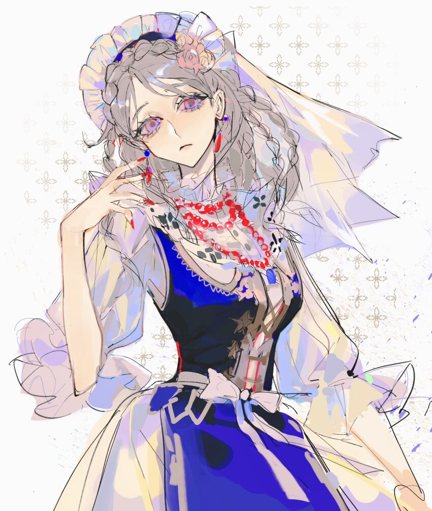1girl, apron, blue_dress, bonnet, bow, braid, closed_mouth, dress, earrings, flower, frills, grey_hair, hair_flower, hair_ornament, hand_up, head_tilt, highres, identity_v, jewelry, lglgwdpy, long_hair, long_sleeves, looking_at_viewer, multiple_braids, nail_polish, necklace, pink_flower, puffy_sleeves, purple_eyes, red_nails, rose, shirt, sketch, solo, veil, vera_nair, vera_nair_(judith_the_dove), waist_apron, white_bow