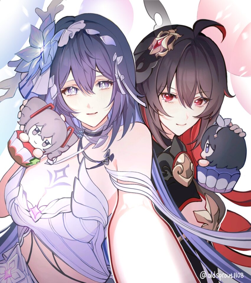 2girls, ahoge, black_hair, blue_eyes, blue_hair, breast_tattoo, breasts, bronya_zaychik