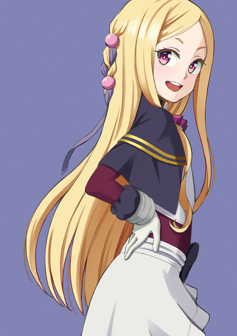 1girl, :d, black_capelet, blonde_hair, braid, bright_pupils, capelet, cowboy_shot, easy_(aqk7bdqt), from_side, gloves, gold_trim, hair_ornament, hair_ribbon, hand_on_own_hip, long_hair, long_sidelocks, looking_at_viewer, looking_to_the_side, loux_christasse, mahoutsukai_reimeiki, multicolored_hair, open_mouth, parted_bangs, pink_eyes, purple_background, purple_hair, purple_ribbon, ribbon, short_eyebrows, sidelocks, sideways_glance, simple_background, skirt, smile, solo, standing, straight_hair, teeth, upper_teeth_only, very_long_hair, white_gloves, white_pupils, white_skirt