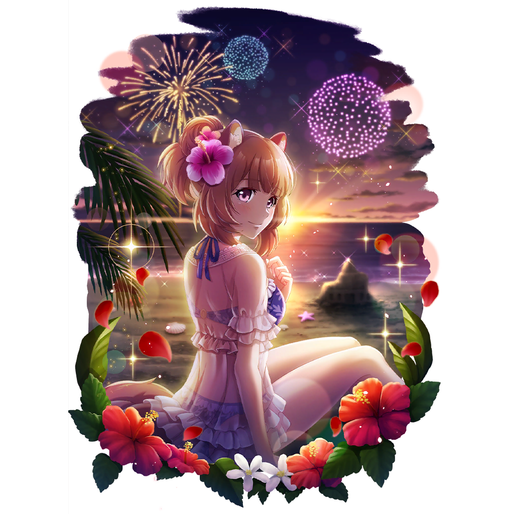 1girl, aerial_fireworks, animal_ear_fluff, animal_ears, artist_request, beach, bikini, blue_bikini, blue_ribbon, blush, breasts, brown_hair, cloud, cloudy_sky, dress, feet_out_of_frame, fireworks, flower, flower_request, folded_hair, frilled_dress, frills, from_side, game_cg, gloves, hair_flower, hair_ornament, hand_on_own_chest, hand_up, hibiscus, looking_at_viewer, looking_to_the_side, medium_breasts, neck_ribbon, ocean, official_alternate_costume, official_art, on_ground, orange_blossoms, palm_tree, petals, pink_eyes, pink_flower, purple_sky, raccoon_ears, raccoon_girl, raccoon_tail, raphtalia, red_flower, red_gloves, red_petals, ribbon, sand, sand_castle, sand_sculpture, seashell, see-through_clothes, see-through_dress, shell, short_sleeves, sitting, sky, smile, solo, starfish, sun, sunset, swimsuit, tail, tate_no_yuusha_no_nariagari, tate_no_yuusha_no_nariagari_rerise, transparent_background, tree, twilight, white_dress, white_flower