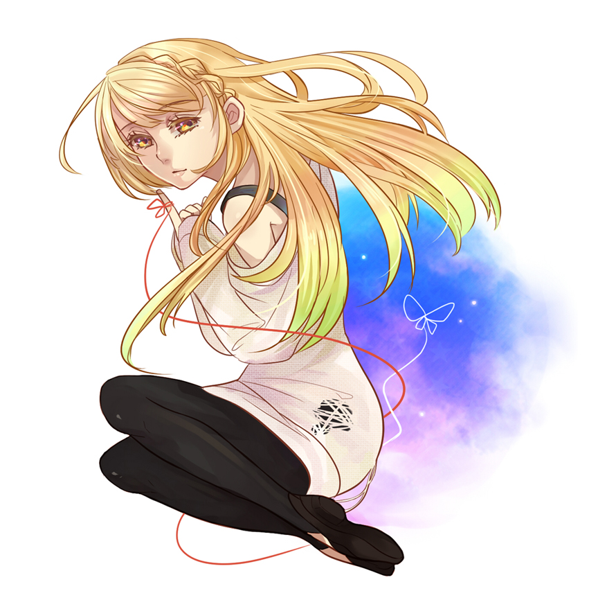 1girl, bad_id, bad_pixiv_id, bemani, black_leggings, blonde_hair, braid, bug