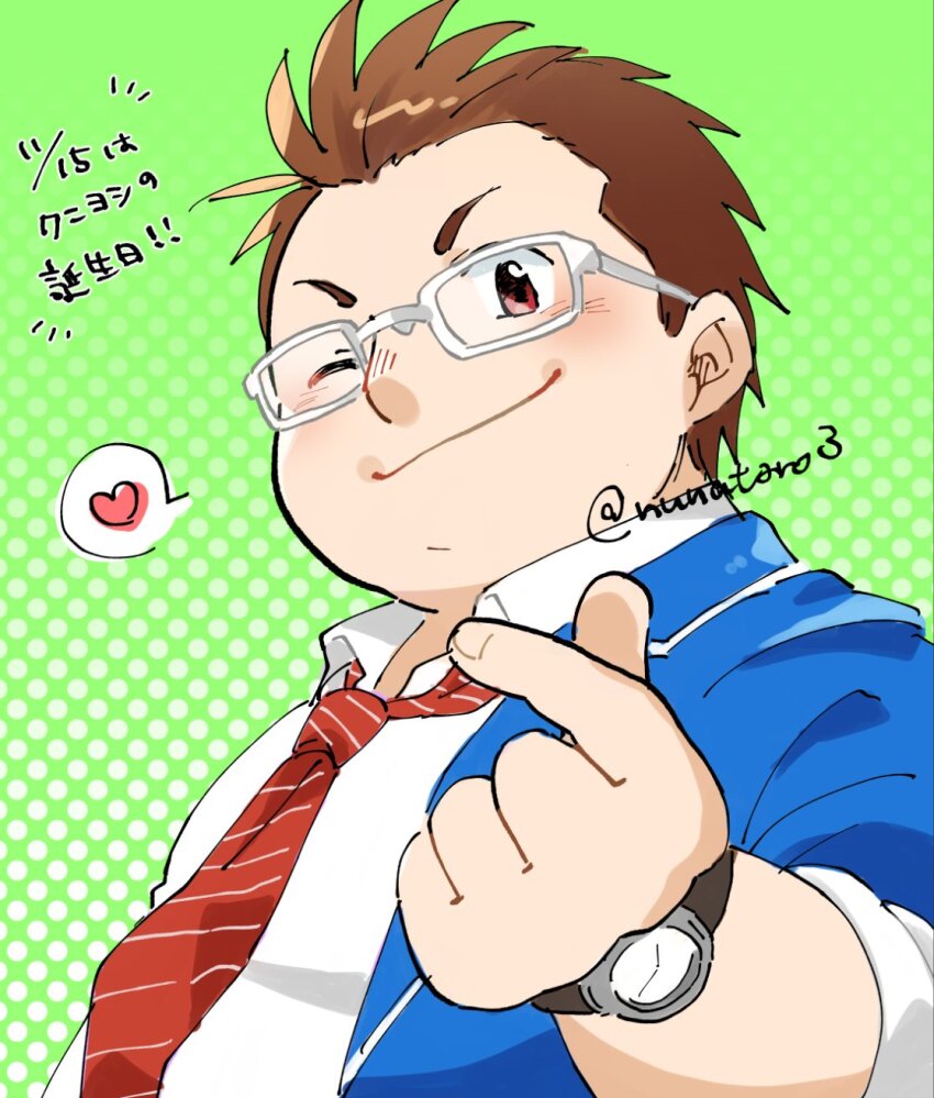 1boy, blazer, blue_jacket, brown_hair, closed_mouth, collared_shirt, diagonal-striped_clothes, diagonal-striped_necktie