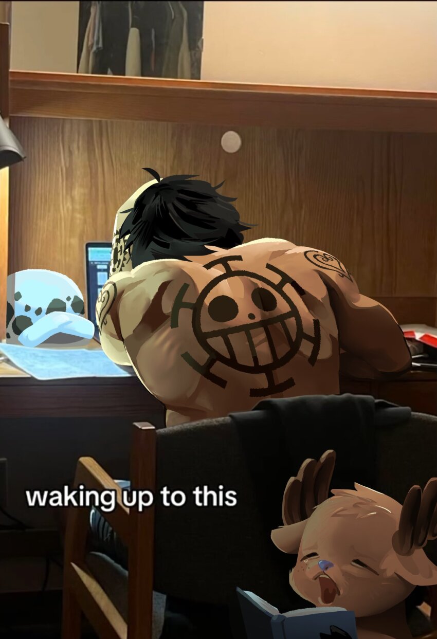 2boys, back_tattoo, book, chair, closed_eyes, commentary, computer, english_commentary