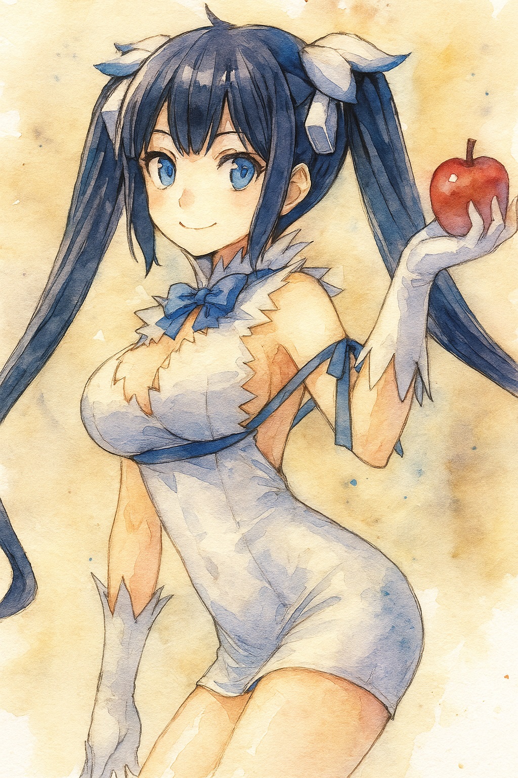 1girl, adog, apple, black_hair, blue_bow, blue_bowtie, blue_eyes, bow, bowtie, breasts, cleavage, closed_mouth, covered_navel, cowboy_shot, dress, dungeon_ni_deai_wo_motomeru_no_wa_machigatteiru_darou_ka, food, fruit, gloves, hair_bow, hestia_(danmachi), highres, holding, holding_food, holding_fruit, large_breasts, long_hair, painting_(medium), rei_no_himo, short_dress, sideboob, sleeveless, sleeveless_dress, smile, solo, traditional_media, twintails, very_long_hair, watercolor_(medium), white_bow, white_gloves