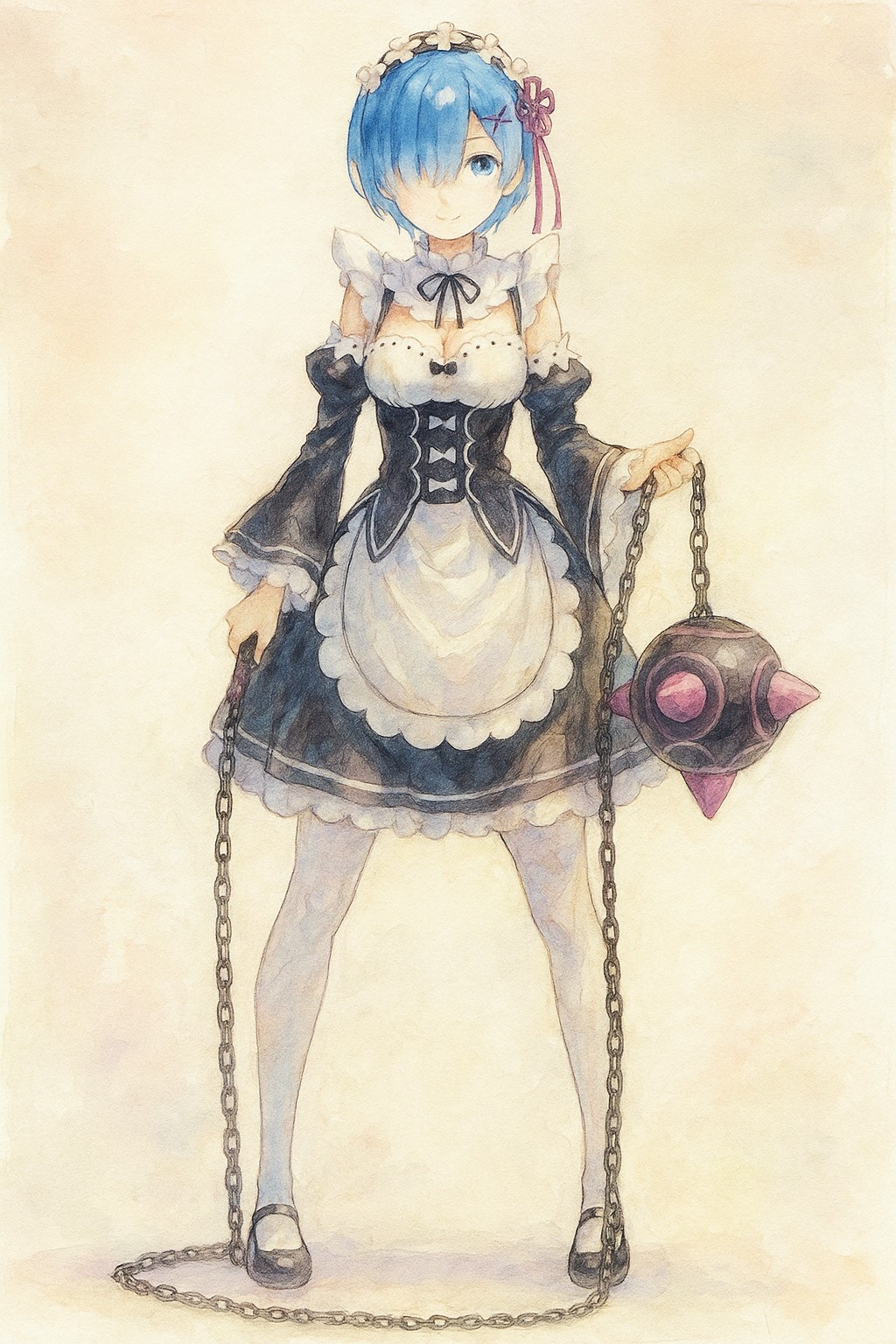 1girl, adog, apron, ball_and_chain_(weapon), black_skirt, black_sleeves, blue_eyes, blue_hair, breasts, chain, cleavage, closed_mouth, detached_sleeves, flower, frilled_skirt, frilled_sleeves, frills, full_body, hair_flower, hair_ornament, hair_over_one_eye, hair_ribbon, highres, holding, holding_weapon, looking_at_viewer, maid_headdress, medium_hair, miniskirt, painting_(medium), pink_ribbon, re:zero_kara_hajimeru_isekai_seikatsu, rem_(re:zero), ribbon, ribbon-trimmed_sleeves, ribbon_trim, roswaal_mansion_maid_uniform, short_hair, skirt, smile, solo, spiked_ball_and_chain, traditional_media, underbust, waist_apron, watercolor_(medium), weapon, white_apron, white_flower, x_hair_ornament