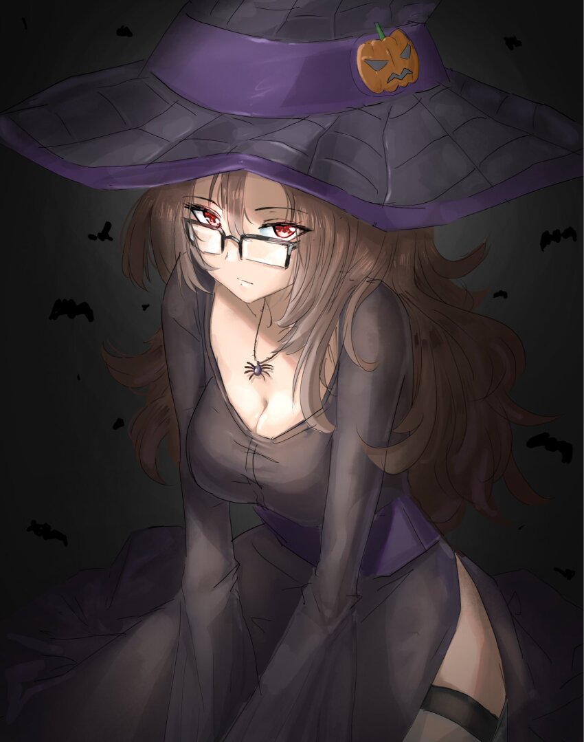 1girl, breasts, brown_hair, cleavage, clothing_request, collarbone, dress, expressionless, glasses, hair_ornament, halloween, hat, highres, jack-o'-lantern, jack-o'-lantern_hair_ornament, kiryuu_moeka, large_breasts, long_hair, looking_at_viewer, messy_hair, optaku, red_eyes, science_adventure, sitting, solo, spider_necklace, steins;gate, tagme, thighhighs, very_long_hair, witch, witch_hat