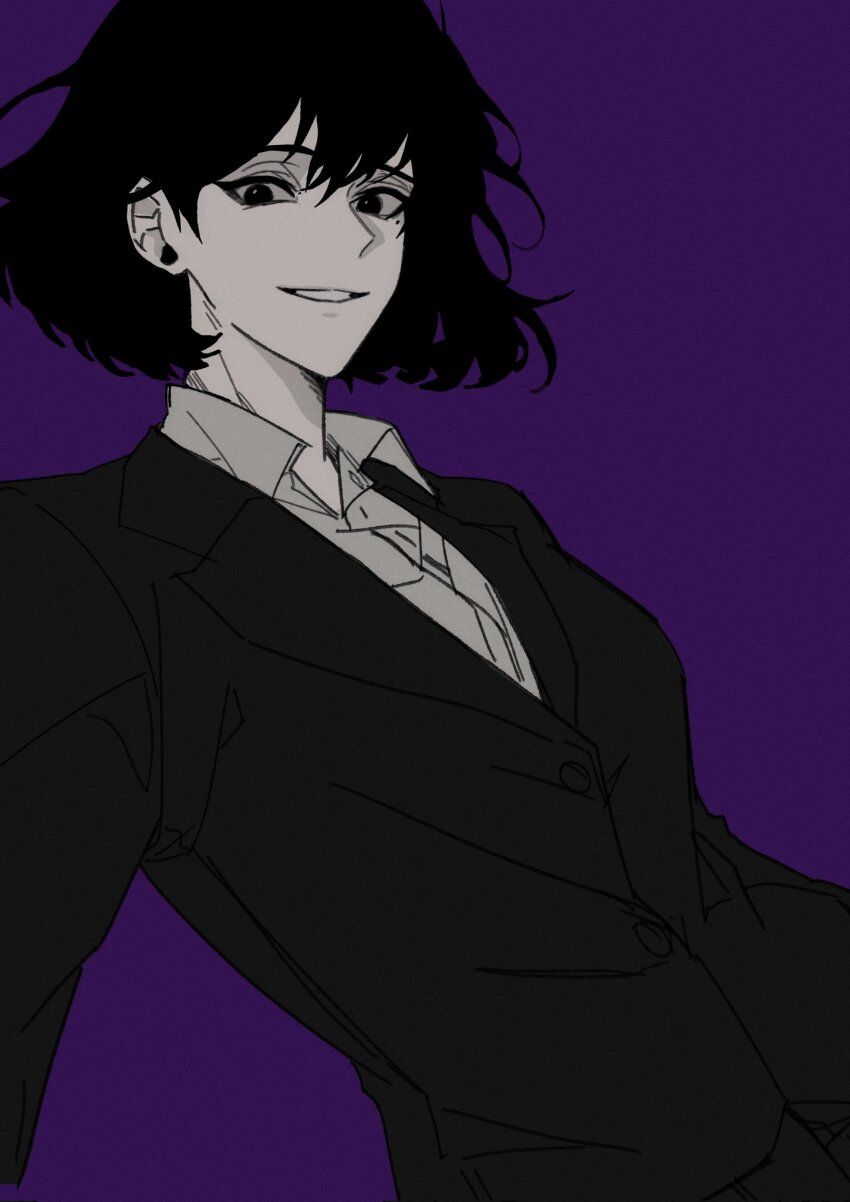 1girl, :d, black_coat, black_eyes, black_hair, black_vest, bob_cut, breasts