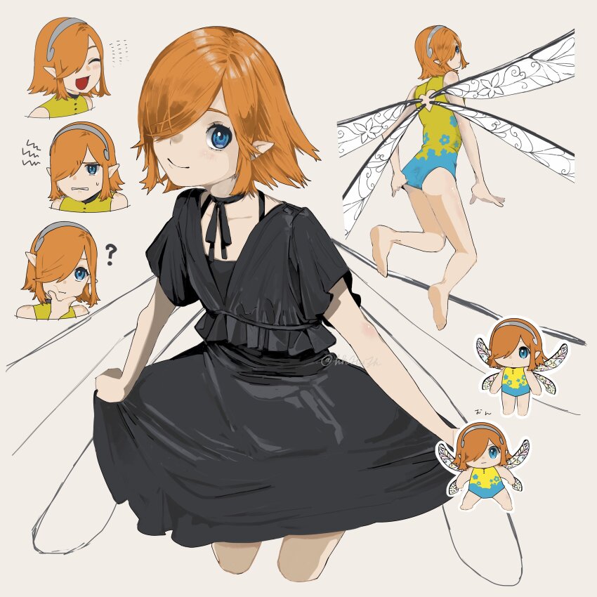 1girl, ?, absurdres, alternate_costume, ass, black_dress, blue_eyes, blush, chibi, closed_mouth, commentary, dress, fairy, fairy_wings, gallica_(metaphor:_refantazio), grey_background, hair_over_one_eye, hand_on_own_chin, hhhuzh, highres, leotard, looking_at_viewer, metaphor:_refantazio, one_eye_covered, open_mouth, orange_hair, pointy_ears, simple_background, smile, sweatdrop, untranslatable_commentary, twitter_username, wings