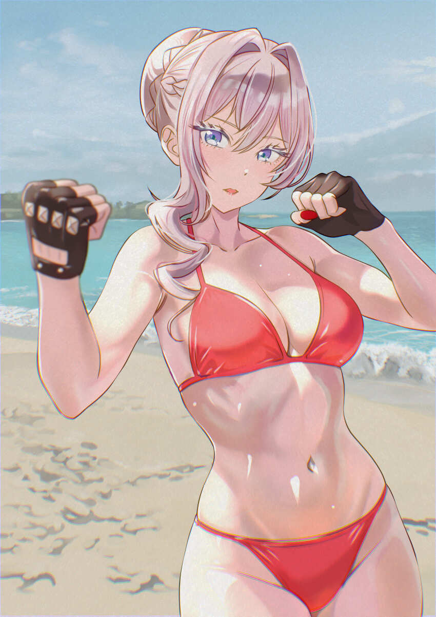 1girl, absurdres, alternate_costume, beach, bikini, black_gloves, blue_eyes, breasts, cleavage, clenched_hands, clothing_cutout, commentary_request, cowboy_shot, day, fighting_stance, fingerless_gloves, glove_cutout, gloves, grey_hair, hair_between_eyes, hair_intakes, hair_over_shoulder, halterneck, hands_up, highres, knuckledusters, kousan, long_hair, medium_breasts, nail_polish, navel, ocean, outdoors, parted_lips, red_bikini, red_nails, saigo_ni_hitotsu_dake_onegai_shite_mo_yoroshii_deshou_ka, sand, scarlet_el_vandimion, solo, string_bikini, swimsuit