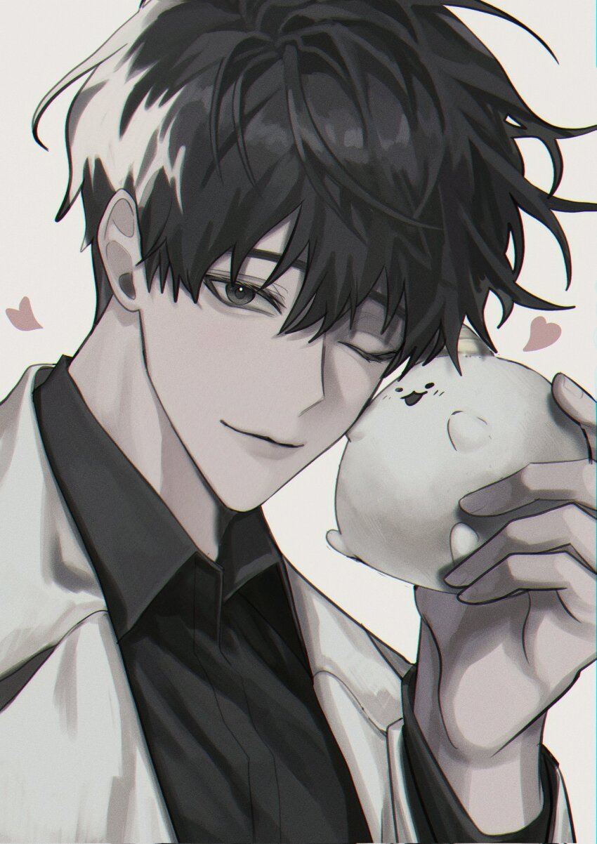 1boy, ;), animal, biyoo_(omniscient_reader's_viewpoint), black_eyes, black_hair, black_shirt, coat