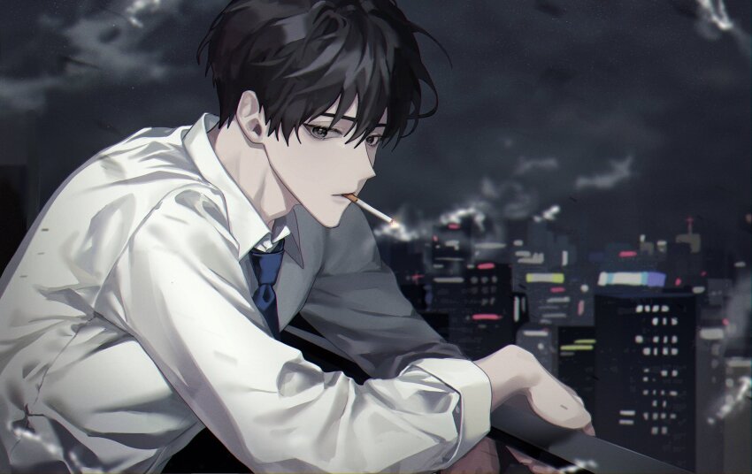 1boy, against_railing, black_hair, blue_necktie, cigarette, city, collared_shirt, commentary_request