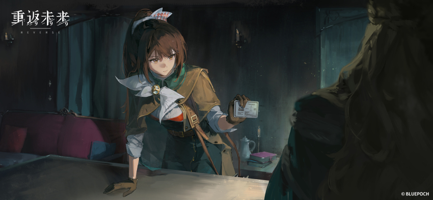 2girls, black_coat, black_skirt, book, book_stack, brown_eyes, brown_gloves, brown_hair