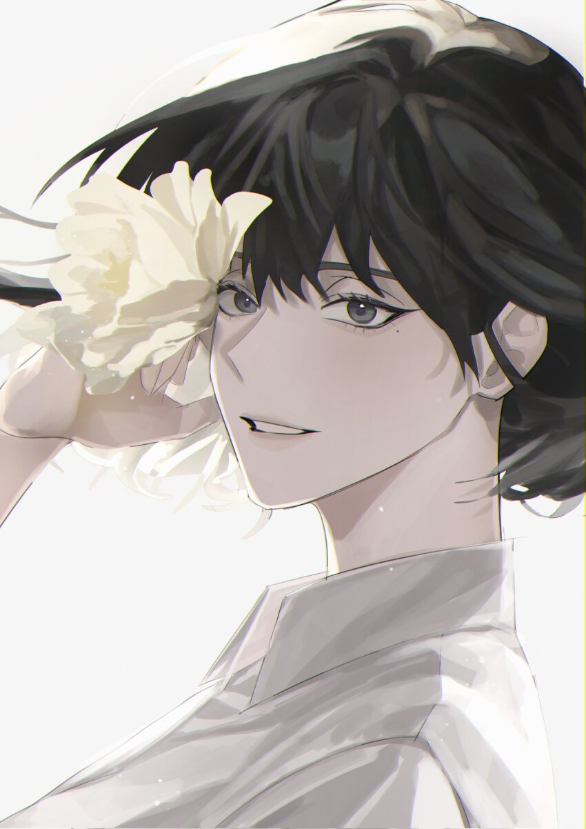1girl, :d, black_eyes, black_hair, bob_cut, check_flower, chrysanthemum, collared_shirt