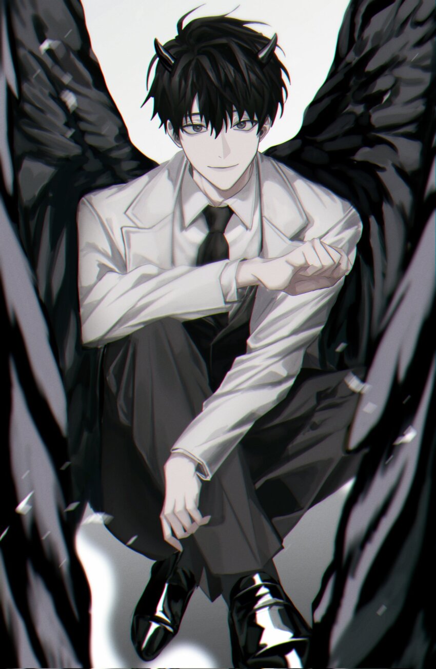 1boy, black_eyes, black_hair, black_necktie, black_vest, black_wings, coat, collared_shirt