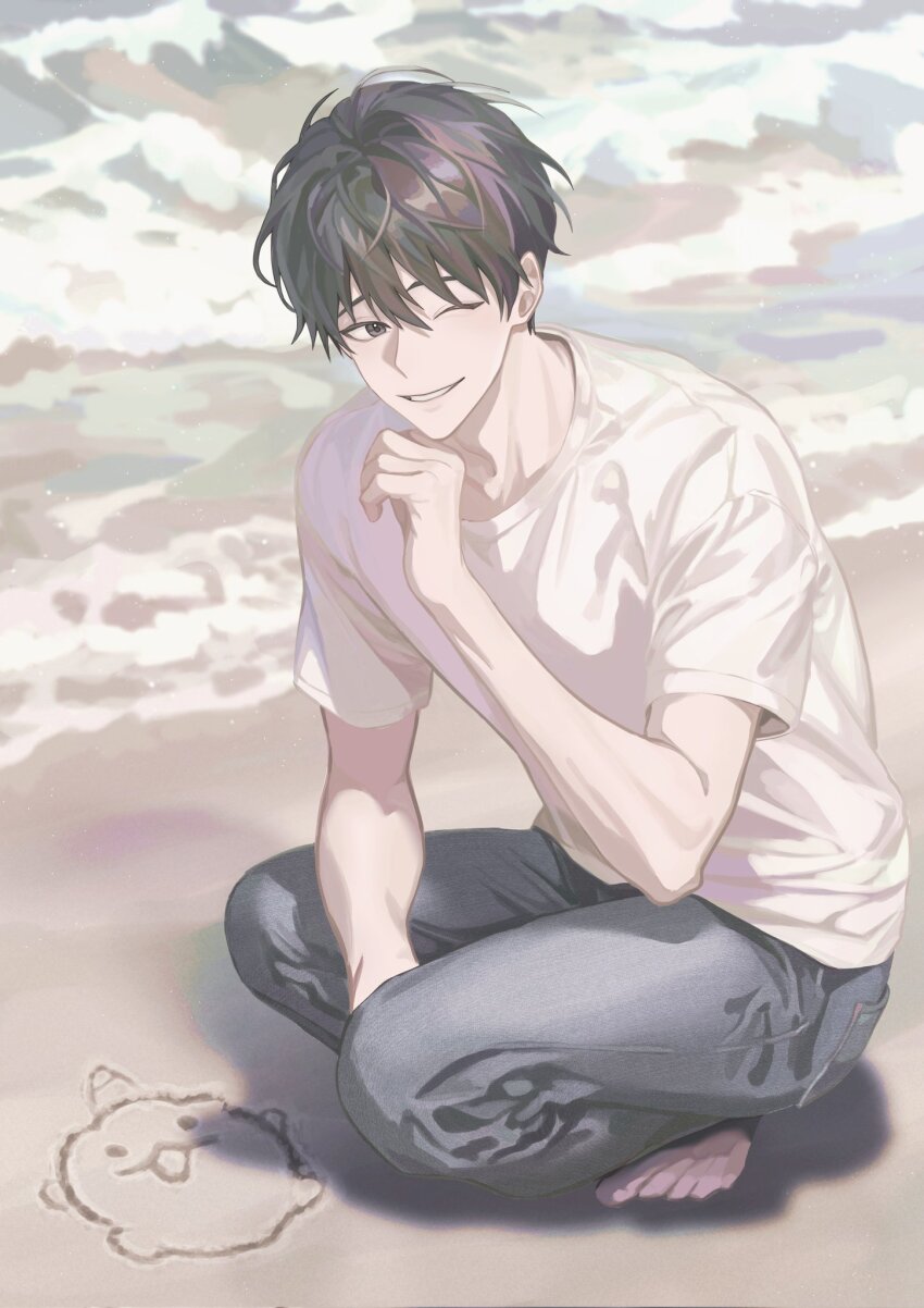 1boy, ;d, barefoot, beach, biyoo_(omniscient_reader's_viewpoint), black_hair, commentary_request, day, denim, drawing_on_sand, full_body, hand_on_own_chin, highres, jeans, kim_dokja, korean_commentary, male_focus, narak, omniscient_reader's_viewpoint, one_eye_closed, open_mouth, outdoors, pants, seiza, shadow, shirt, shore, short_hair, sitting, smile, solo, waves, white_shirt