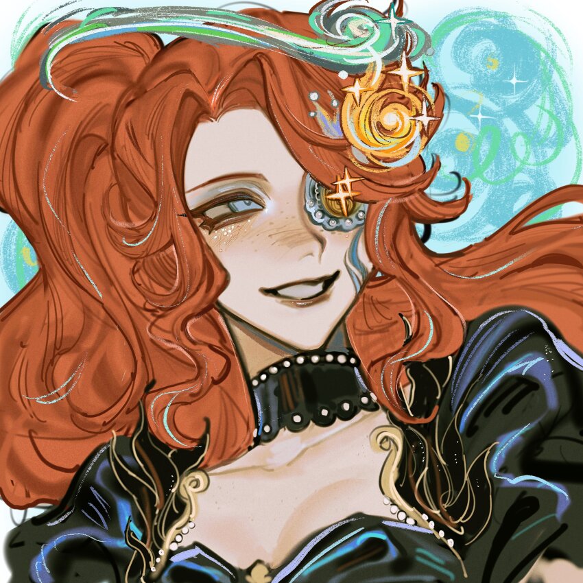 1girl, black_choker, blue_eyes, blush, breasts, brown_lips, brynhildr_vilulf, brynhildr_vilulf_(the_anachronic_vilulf)