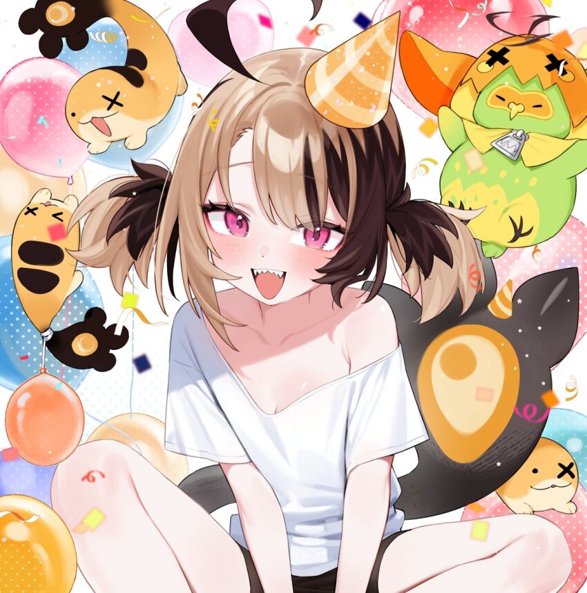 1girl, :d, ahoge, balloon, black_shorts, brown_hair, confetti, gigi_murin