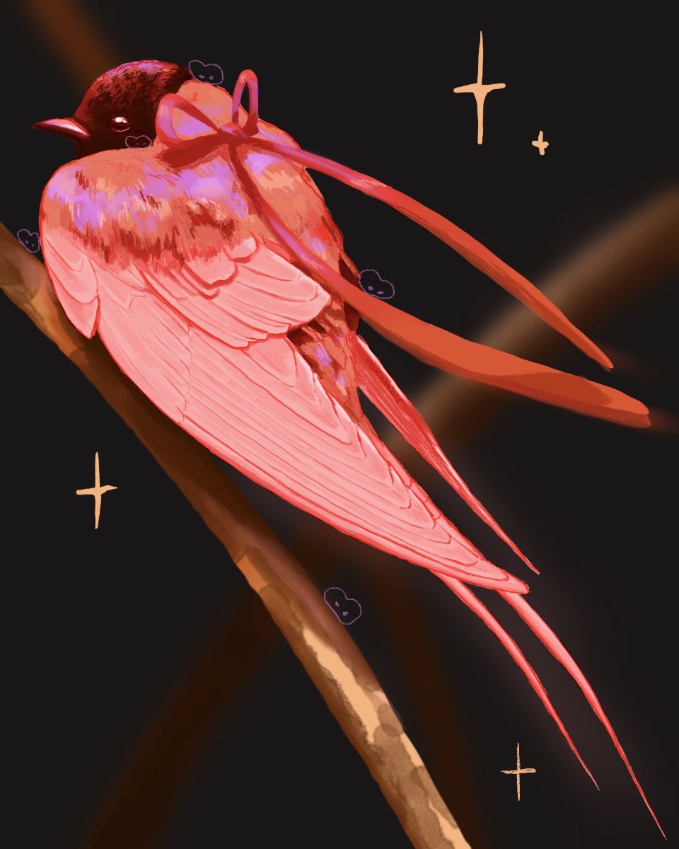 animal_focus, bird, blurry, blurry_background, bow, branch, highres, no_humans, original, pink_bow, pink_theme, rokktober, star_(symbol), swallow_(bird)