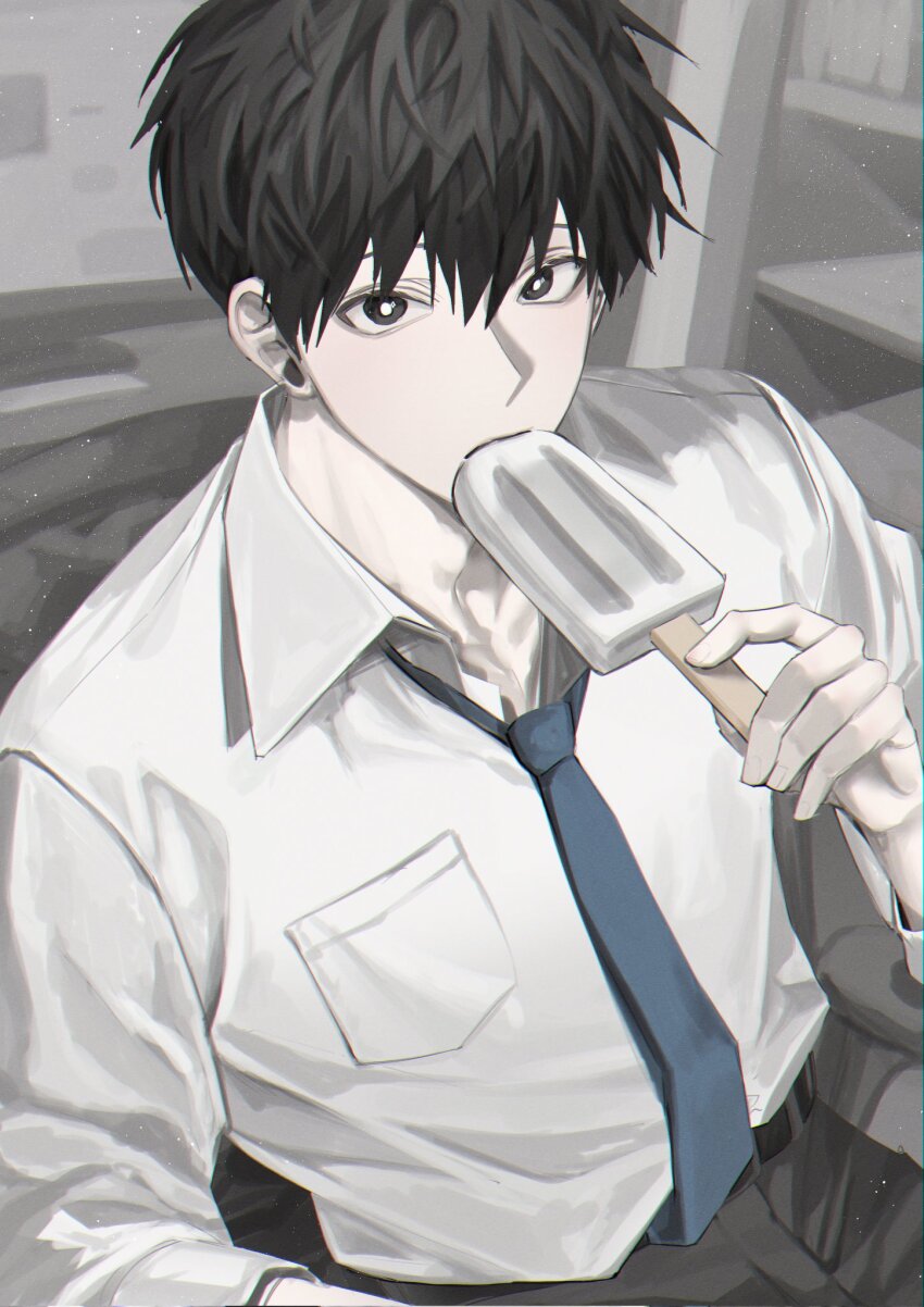 1boy, aegyo_sal, black_eyes, black_hair, blue_necktie, bright_pupils, collared_shirt, commentary_request, cowboy_shot, eating, food, hand_up, highres, holding, holding_food, holding_ice_cream, ice_cream, kim_dokja, korean_commentary, looking_at_viewer, male_focus, narak, necktie, omniscient_reader's_viewpoint, shirt, short_hair, solo, white_pupils, white_shirt