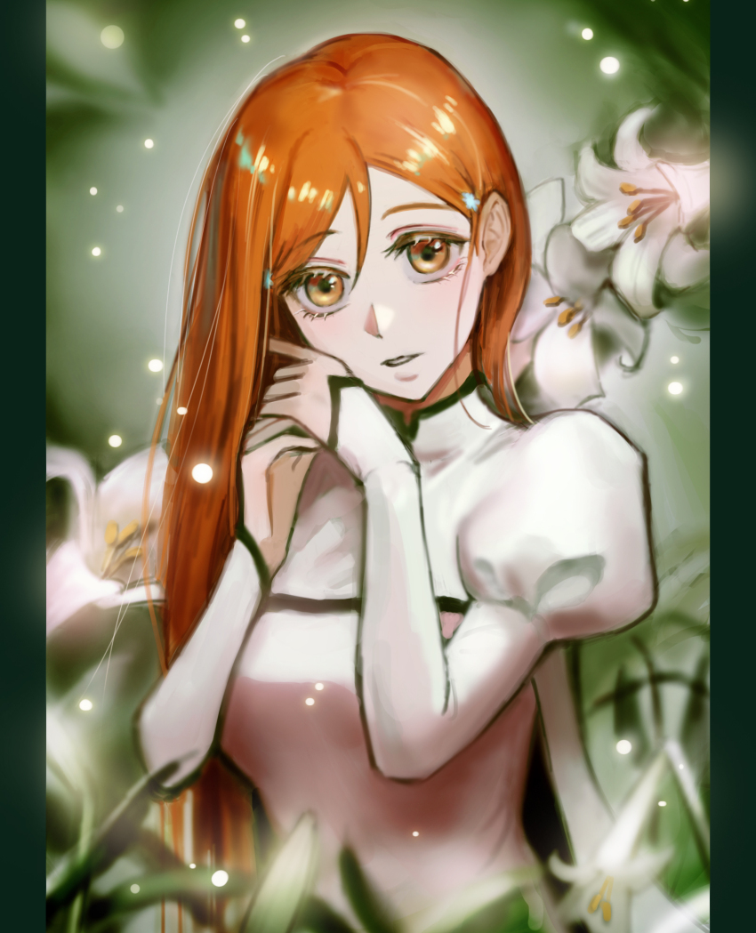 1girl, 22nae2, black_border, bleach, border, breasts, dress, flower